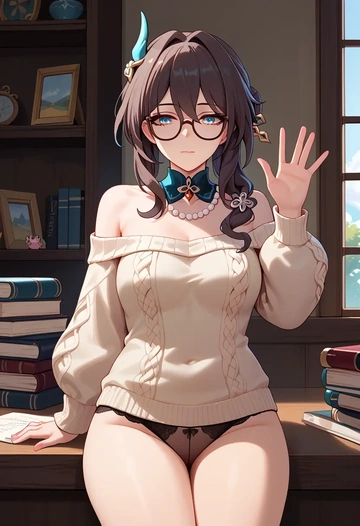 sweater,panties,off-shoulder,glasses,sexy, ruan mei, star rail - AI generated anime art