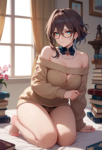 sweater,panties,off-shoulder,glasses,sexy, ruan mei, star rail - AI generated anime art