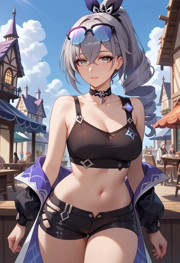 leather,shorts,crop top, silver wolf, star rail - AI generated anime art