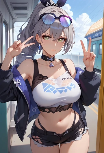 leather,shorts,crop top, silver wolf, star rail - AI generated anime art