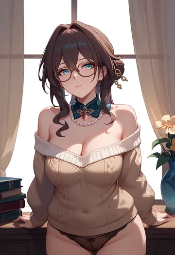 sweater,panties,off-shoulder,glasses,sexy, ruan mei, star rail - AI generated anime art