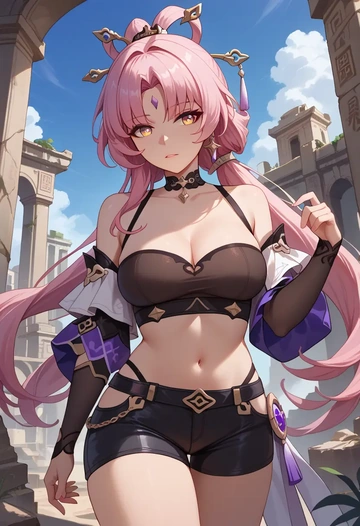 leather,shorts,crop top, fu xuan, star rail - AI generated anime art