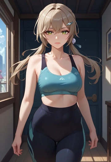 yoga shorts, bra, qingque, star rail - AI generated anime art