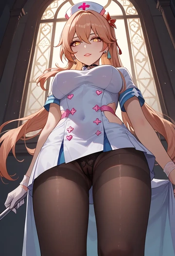 nurse pantyhose,mini skirt, sexy, high ponytail, hair flower - AI generated anime art