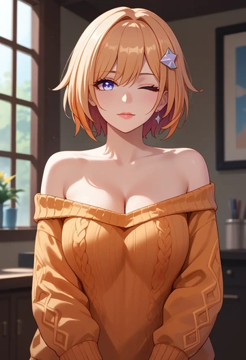 orange,sweater, topaz, star rail - AI generated anime art