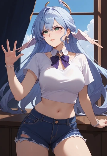 denim shorts, robin, star rail - AI generated anime art