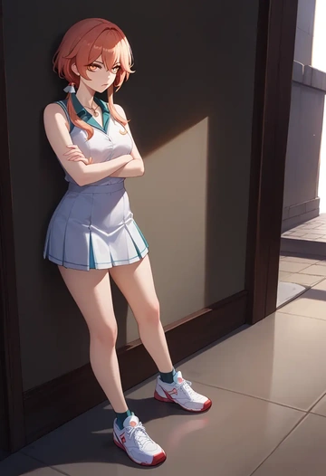 tennis skirt, high ponytail, hair flower - AI generated anime art