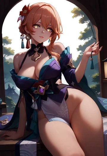 kimono,sexy, high ponytail, hair flower - AI generated anime art