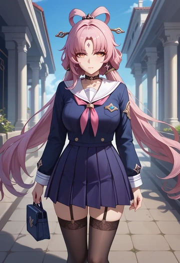 jk uniform, stockings, fu xuan, star rail - AI generated anime art