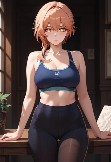 yoga shorts, bra, high ponytail, hair flower - AI generated anime art