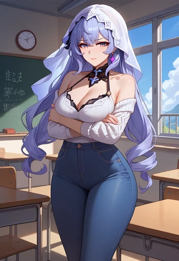 teacher, sweater, jeans shorts, black swan, star rail - AI generated anime art