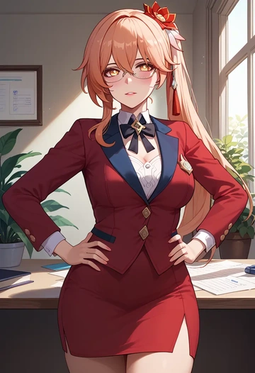 hair flower,high ponytail,OL, glasses,  - AI generated anime art