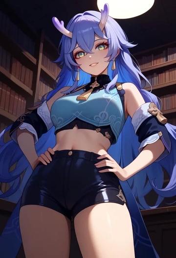 star rail,bailu,leather,shorts,crop top  - AI generated anime art