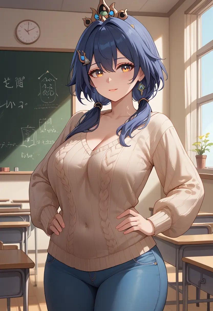 teacher, sweater, jeans shorts, yunli, star rail - 