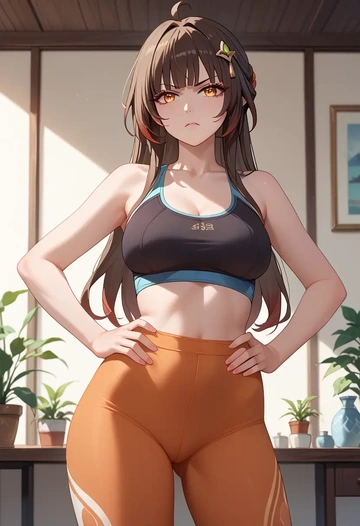 yoga shorts, bra, lingsha, star rail - AI generated anime art