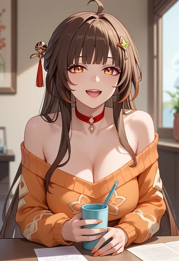 orange,sweater,choker, lingsha, star rail - AI generated anime art