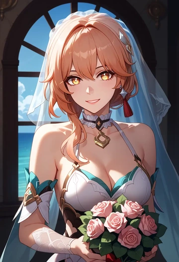 wedding, high ponytail, hair flower - AI generated anime art