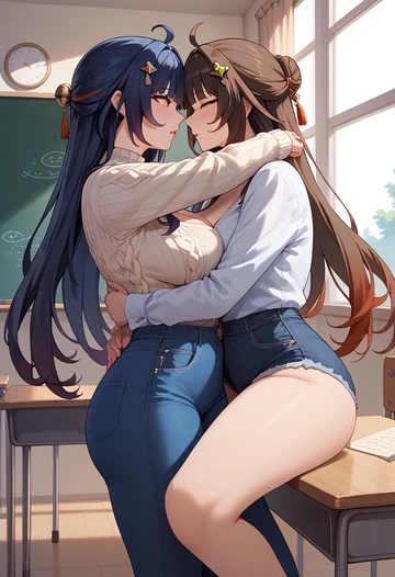 teacher, sweater, jeans shorts, lingsha, star rail - AI generated anime art