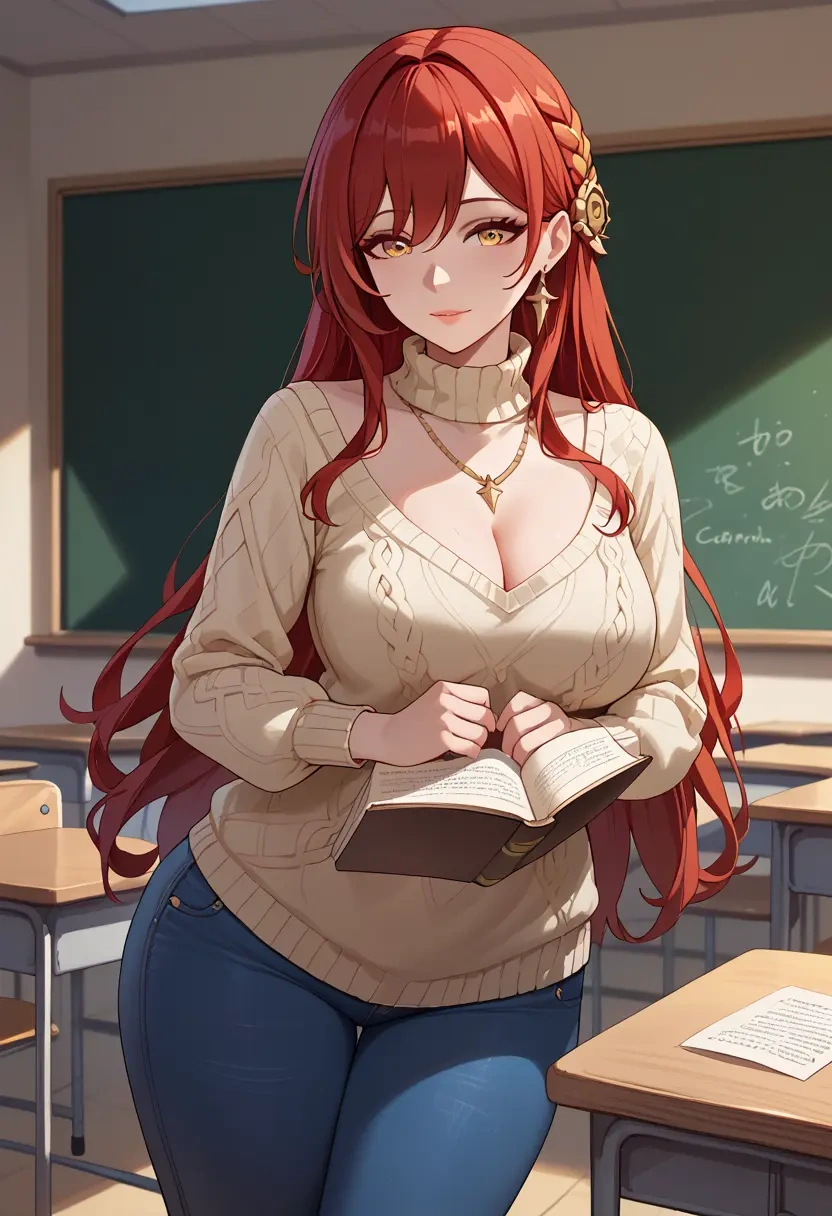 teacher, sweater, jeans shorts, himeko, star rail - 