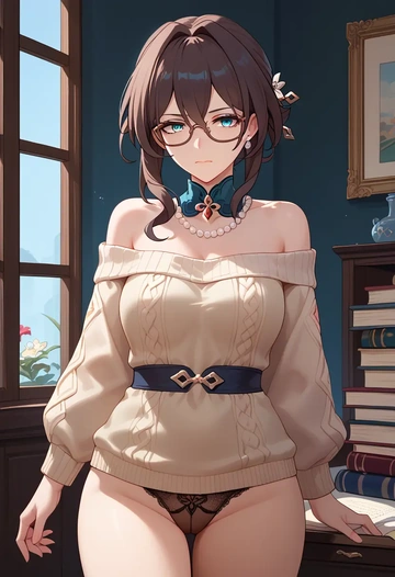 sweater,panties,off-shoulder,glasses,sexy, ruan mei, star rail - AI generated anime art