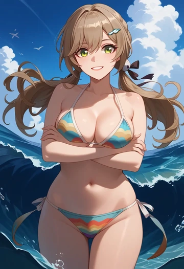 bikini,rainbow-colored,sexy, qingque, star rail - AI generated anime art