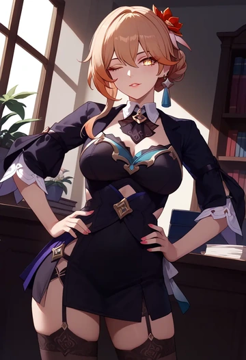 secretary, stockings, high ponytail, hair flower - AI generated anime art