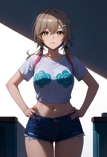 denim shorts, qingque, star rail - AI generated anime art