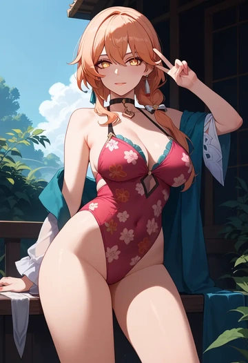 swimsuit,floral print, high ponytail, hair flower - AI generated anime art