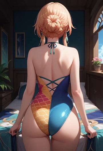 swimsuit,sexy, high ponytail, hair flower - AI generated anime art