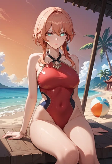 bikini, high ponytail, hair flower - AI generated anime art