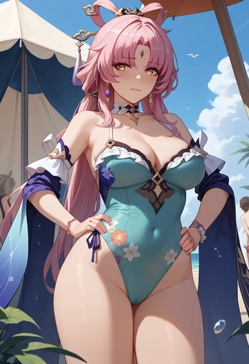 swimsuit,floral print, fu xuan, star rail - AI generated anime art