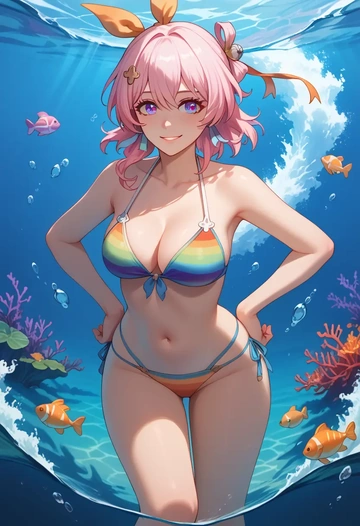 bikini,rainbow-colored,sexy, march 7th, star rail - AI generated anime art