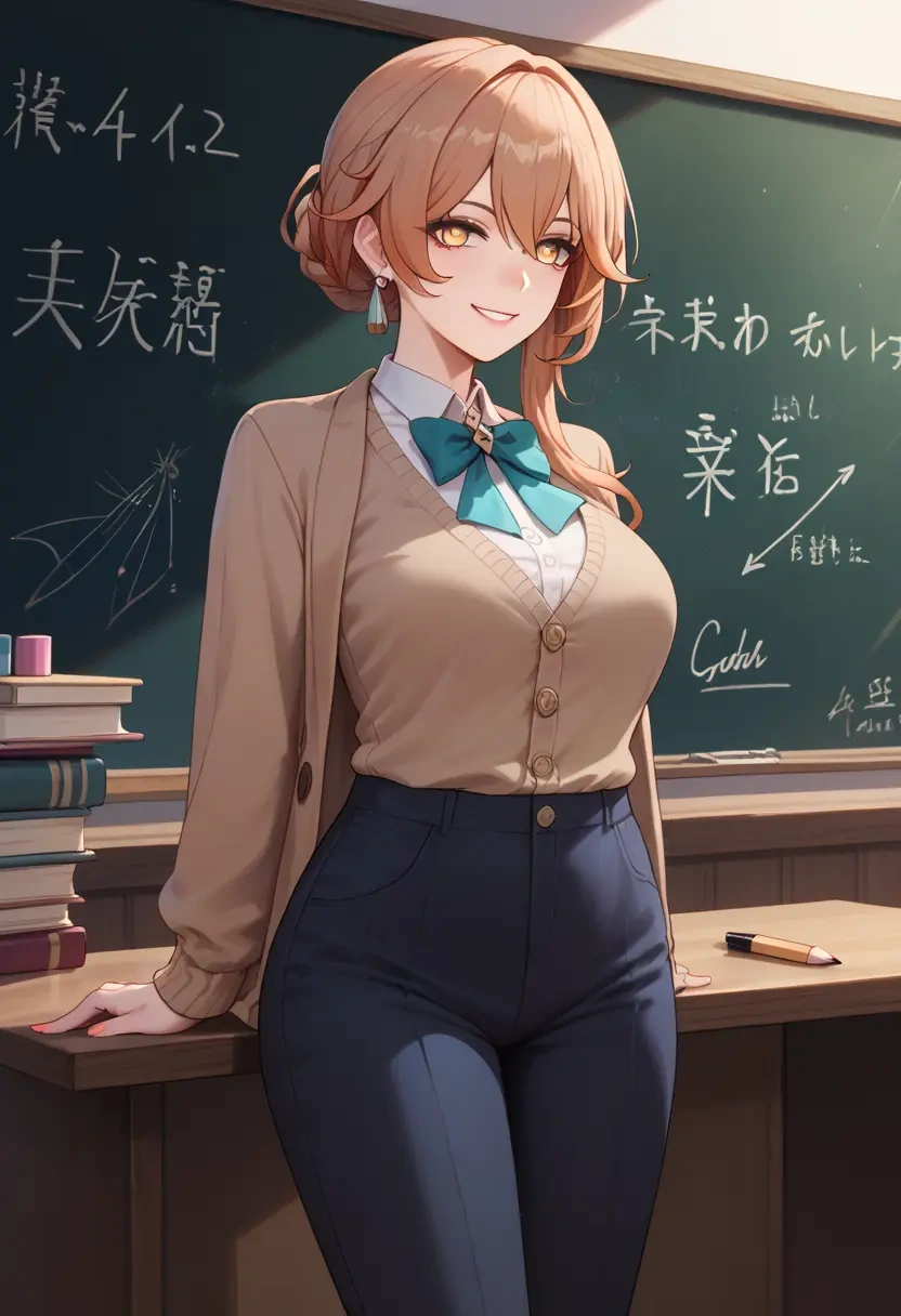 teacher, sweater, high ponytail, hair flower - 