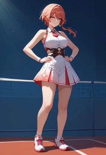 tennis skirt, high ponytail, hair flower - AI generated anime art