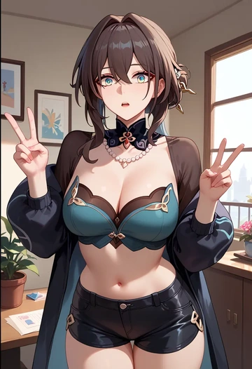 leather,shorts,crop top, ruan mei, star rail - AI generated anime art