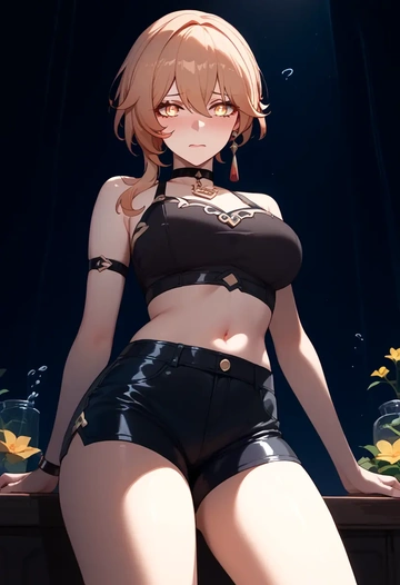 leather,shorts,crop top, high ponytail, hair flower - AI generated anime art