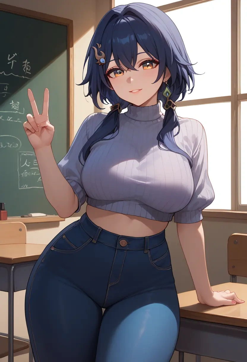 teacher, sweater, jeans shorts, yunli, star rail - 