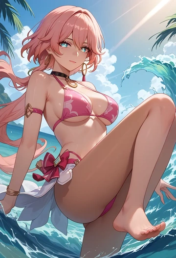 bikini, high ponytail, hair flower - AI generated anime art