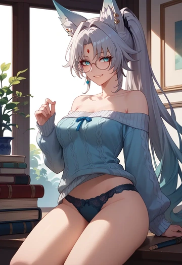 sweater,panties,off-shoulder,glasses,sexy, feixiao, star rail - AI generated anime art