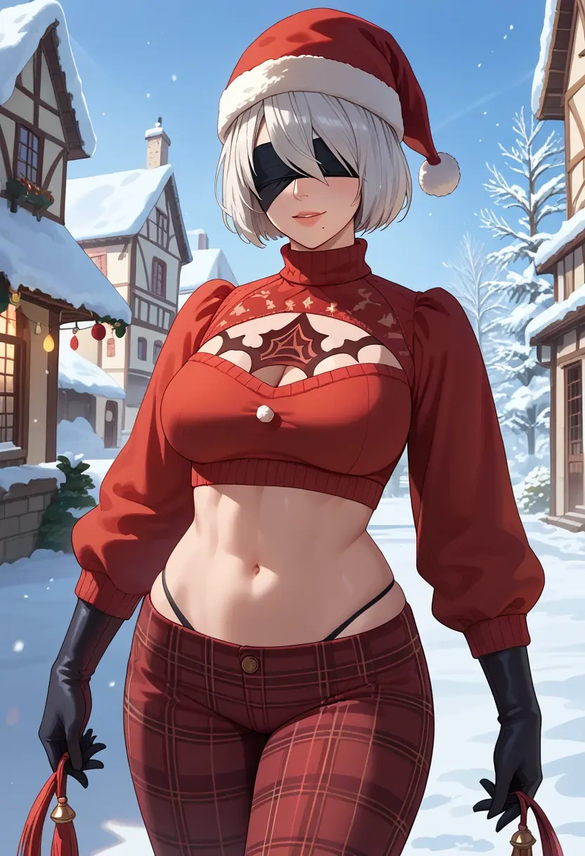 nier_automata,2b_(nier_automata),Christmas,plaid trousers  - 