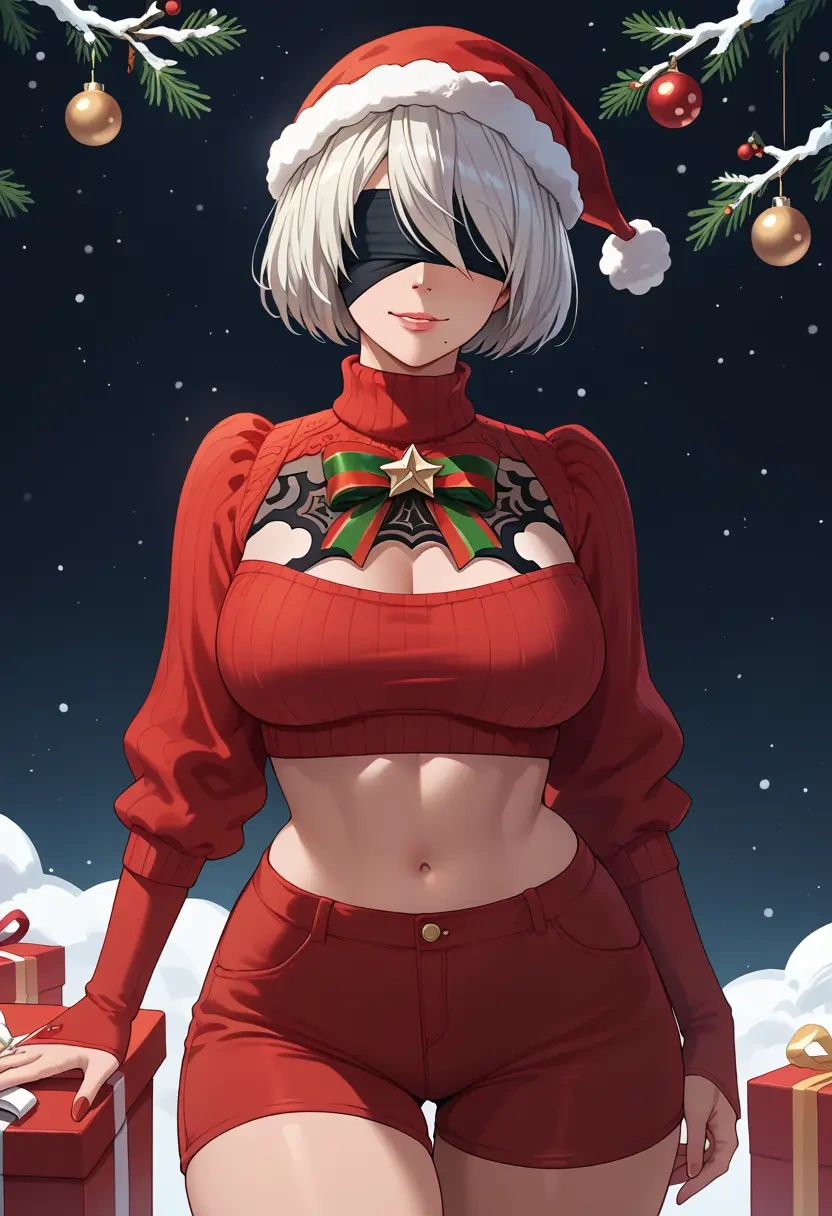 nier_automata,2b_(nier_automata),Christmas,red velvet shorts,turtleneck sweater  - 