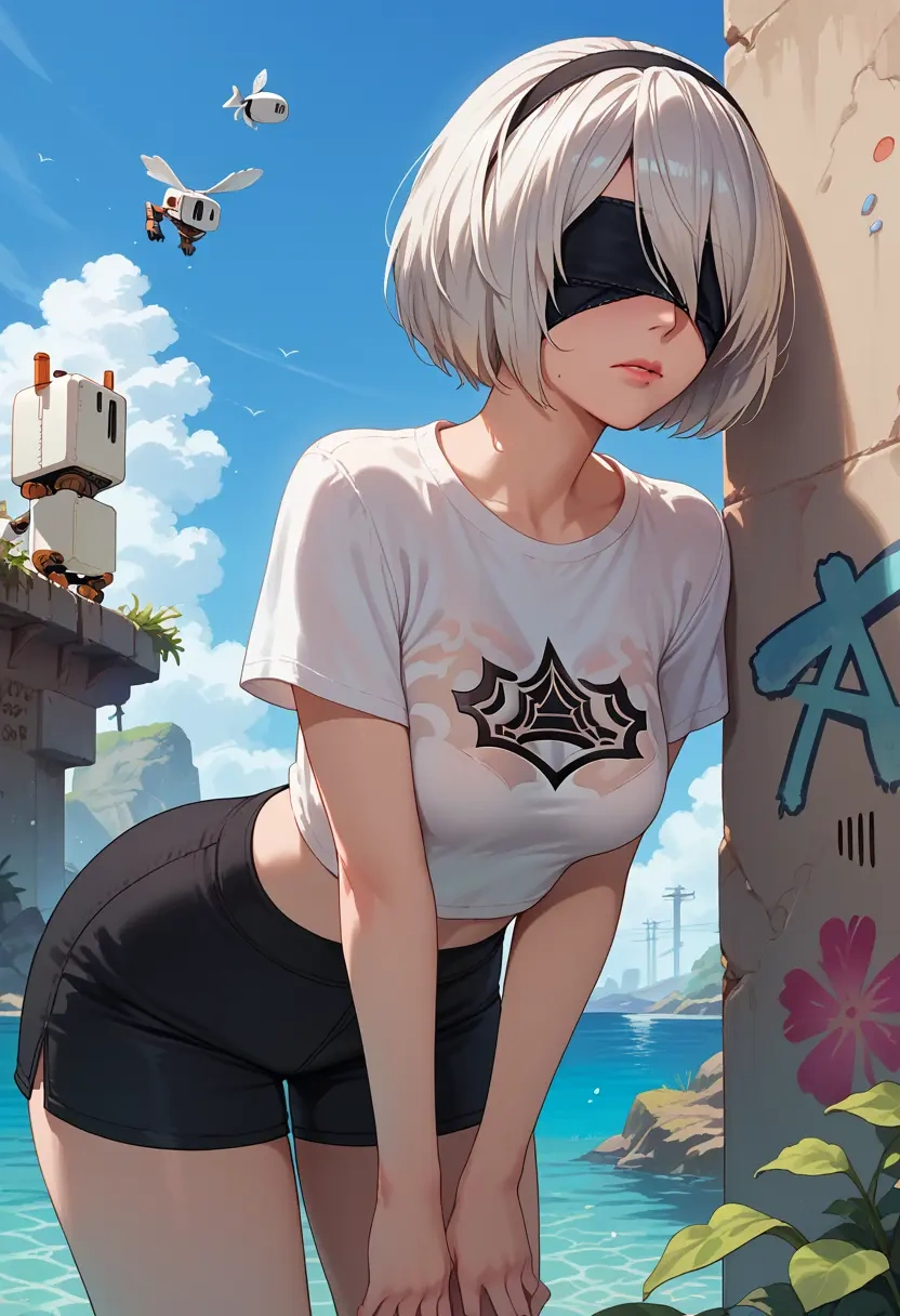 nier_automata,2b_(nier_automata),crop graffiti tee,dolphin shorts  - 