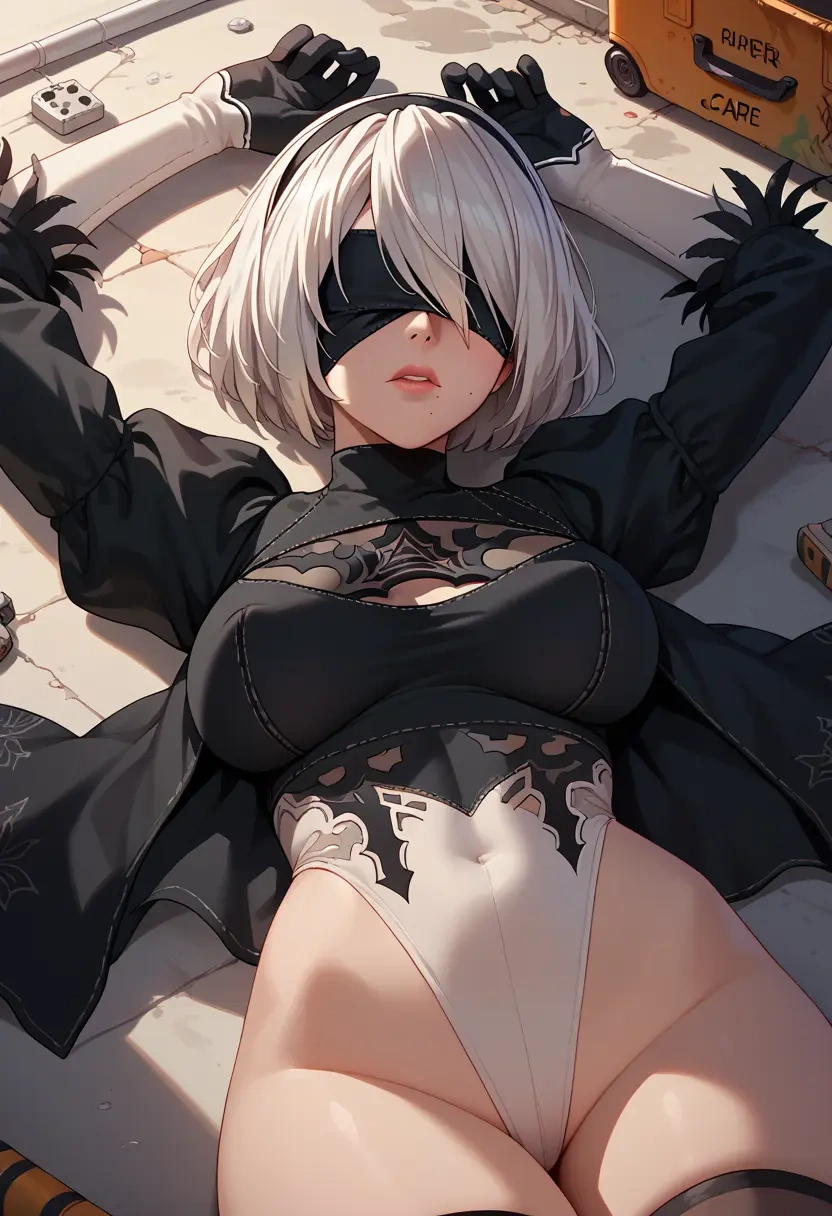 nier_automata,2b_(nier_automata),patchwork graffiti top,dolphin shorts  - 