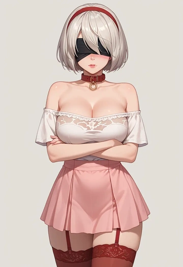 nier_automata,2b_(nier_automata),collar,oversized,Thigh garters  - AI generated anime art