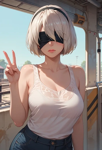 nier_automata,2b_(nier_automata),tank top,drawstring pants  - AI generated anime art