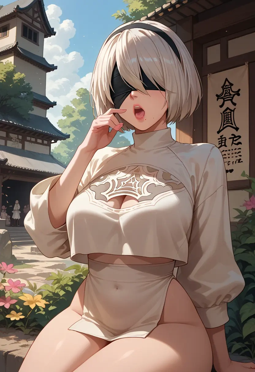 nier_automata,2b_(nier_automata),cropped graffiti sweatshirt,dolphin shorts  - 