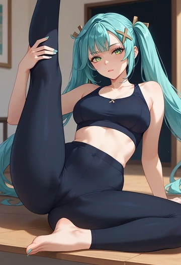 genshin impact,Faruzan,yoga, leggings,spread legs,one leg up,sexy  - AI generated anime art