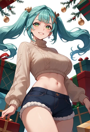 genshin impact,Faruzan,Christmas,red velvet shorts,turtleneck sweater  - AI generated anime art