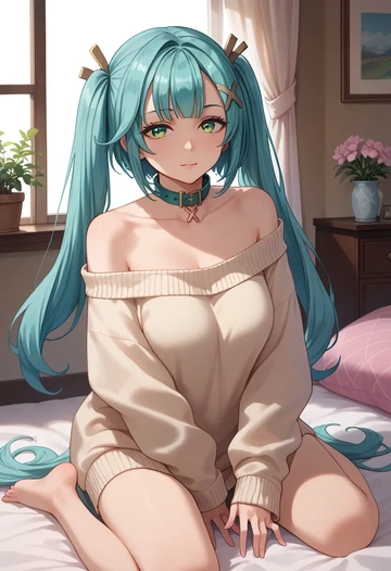 genshin impact,Faruzan,sweater,off-shoulder,collar  - AI generated anime art