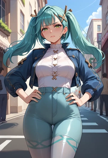 genshin impact,Faruzan,denim jacket,cropped,leather leggings  - AI generated anime art